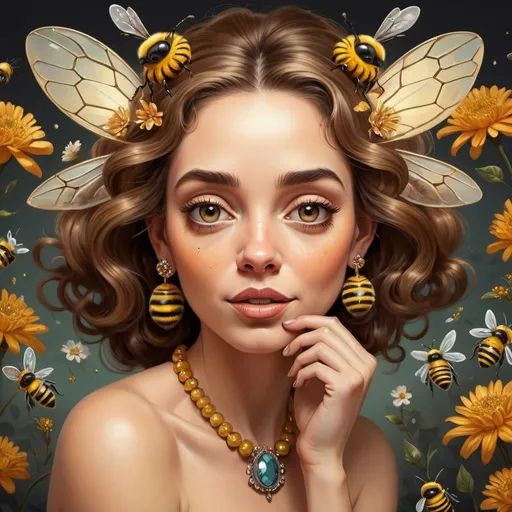 Prompt: Prompt: a piece of artwork that contains a cute caricature bee, a caricature lady, in their hair shiny jewelery, on their face some shiny little rustcolor gems, flowery detailed background, in the style of Richard avedon, powerful and emotive portraiture,  beautifull lighting, 8k resolution ,the bee and lady interact in some way,the bee whispering something in her ear, the lady react with surprise or delight..Include subtle references to nature or mythology.Include flowers or leaves in their hair.Add a touch of surrealism to the artwork.