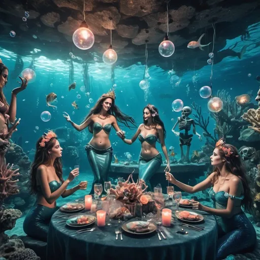 Prompt: A realistic and scary underwater party with mermaids at a coral reef with bubbles,Make it a night party with lights,shipwreck,some skeletons