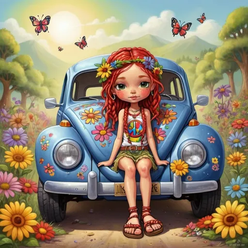 Prompt: whimsical cartoon a little hippie girl with red braided hair with flowers in it and hippie cloths on and hippie sandals. she is leaned up against a beetle bug car with hippie flowers an peace signs on it. theres a big peace sign and paint splashes in the background.
