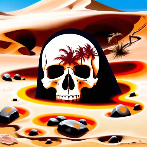 Prompt: imagine the desert sand forming an extraordinarily large screaming skull, hyper detailed with intricate and complex shapes, UHD, ultra realism, digital airbrush art, masterpiece, 32k,the color of the sand to crimson red,the shape of the eye sockets to resemble flames,a sandstorm swirling around the skull, explorers walk around the skull, the explorers look like they're searching for treasure, one of the explorers hold a map or compass, one of the explorers' expressions to be more determined, the other explorers look worried or fearful, the sandstorm to be more intense. Add a few ancient relics buried in the sand. one of the relics glow mysteriously. Add a partially buried statue with missing limbs.the explorers' footprints to be visible in the sand. Add a few scorpions crawling near the footprints.