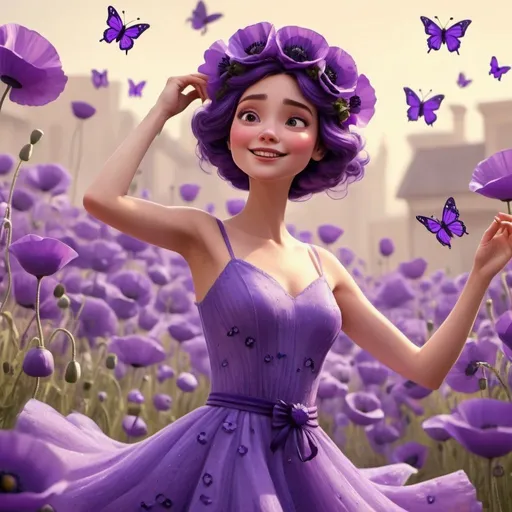 Prompt: an Pixar style of a lady in Purple dancing in a dress made of purple poppies with a purple poppy flower crown and purple butterflies