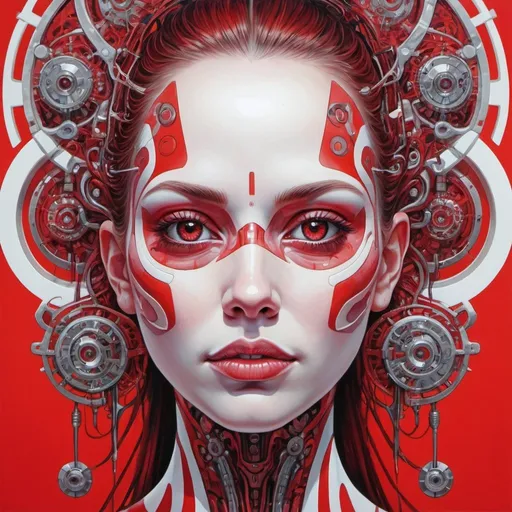 Prompt: a painting of a woman's face with red and white shapes on it, and a red and white background, Android Jones, psychedelic art, biomechanical, an ultrafine detailed painting