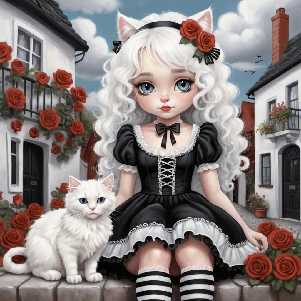 Prompt: Prompt:
Digital painting, airbrushed, whimsical, fantasy depiction of cute girl with long white curly hair, orange cheeks, delicate features, black rose in hair, wearing ruffled lacy black dress with embroidered white roses and white bow, shoes with white laces, black and white striped stockings, posing in cobbled street. A fluffy white cat sits at her feet. Whimsical houses and white and black colored roses lining the street. Puffy clouds in the sky. Colors of red, light blue and white. Detailed image, Diffused light. Soft pastel colors.