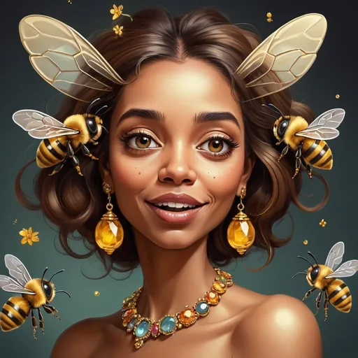 Prompt: Prompt: a piece of artwork that contains a cute caricature bee, a caricature lady, in their hair shiny jewelery, on their face some shiny little rustcolor gems, flowery detailed background, in the style of Richard avedon, powerful and emotive portraiture,  beautifull lighting, 8k resolution ,the bee and lady interact in some way,the bee whispering something in her ear, the lady react with surprise or delight..Include subtle references to nature or mythology.
