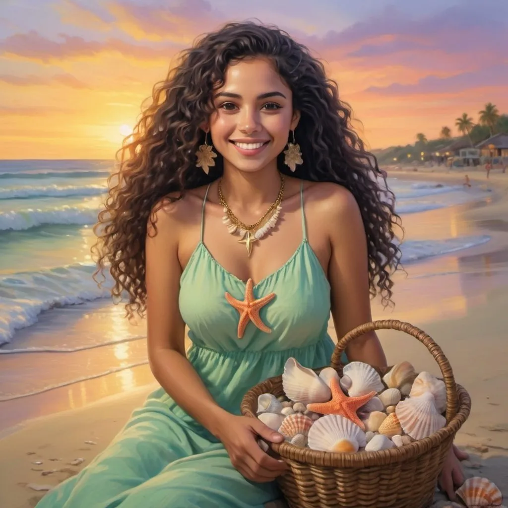 Prompt: 4k glossy oil painting: Latino beach collector (light skin), a radiant smile, gathers seashells in a woven basket at dusk.Long black curly hair adorned with starfish charms. Flowing light green sundress. Delicate gold necklace with tiny shell. Barefoot in warm sand. Beach bathed in fiery light, waves lap at shore. Beach adorned with colorful towels, seashells.
