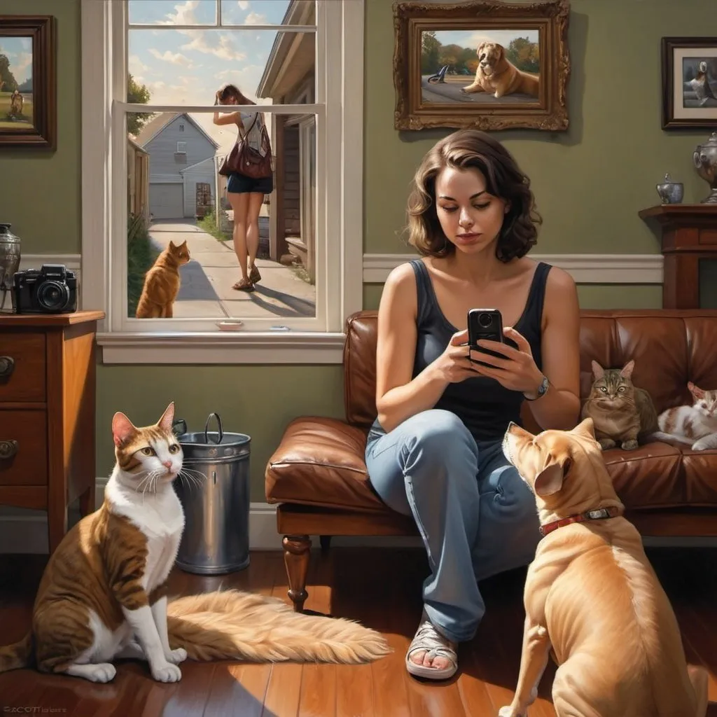 Prompt: a woman taking a picture of herself with her phone with a dog and cat on the other side of her, F. Scott Hess, fantastic realism, highly detailed digital painting, an oil painting