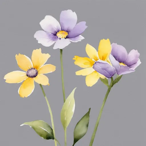 Prompt: PROMPT: Watercolor painting of three flowers. The flowers are in various stages of bloom, with the yellow one appearing fully open, while the other two are more closed. The stems are a soft gray, and the background is a light purple that transitions to a white on the right side, dark gray letters above the flowers