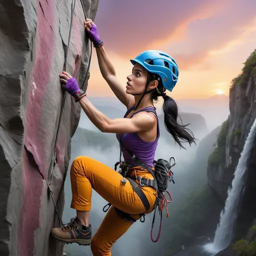 Prompt: A hyperrealistic 8K image of a beautiful woman whit long straight black hair and grey eyes, rock climbing, with well-defined and tense muscles, showing tension in her facial expression with gritted teeth as she climbs, equipped with safety gear, and making their way up a steep cliff. The climber should be wearing a purple helmet and harness, dressed in yellow and purple clothing, and holding onto a grey rocky surface. Include a red safety rope attached to the climber’s harness against a vibrant and dramatic sunset background to highlight the climber. Add tiny details like sweat on the climber's forehead, and show the strain in their neck and jaw muscles. Include silhouettes of distant mountains or trees with some birds flying near them, a small waterfall in the distance, and a few birds flying near the waterfall.