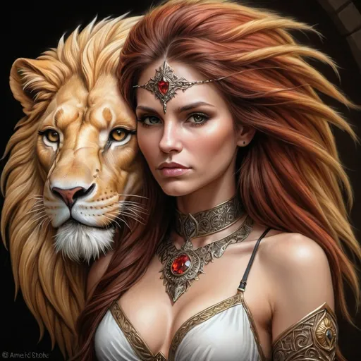 Prompt: a woman with a lion's head on her face and a lion's head on her chest, Anne Stokes, fantasy art, highly detailed digital art, digital art