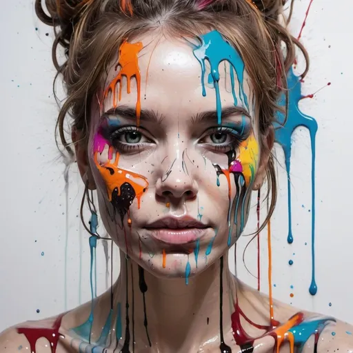 Prompt: a woman with a face painted with colorful paint and dripping water on her face, with a black and white background, Carne Griffiths, analytical art, tristan eaton, graffiti art