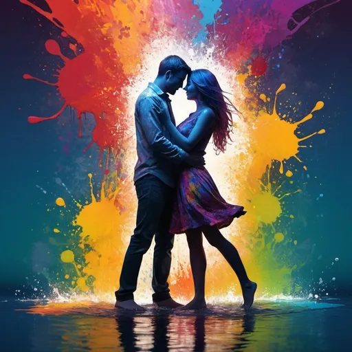 Prompt: Create images of a couple in love, full body, splash art, digital art, intricately detailed, color depth, dramatic, side light, colorful backgrounds.
