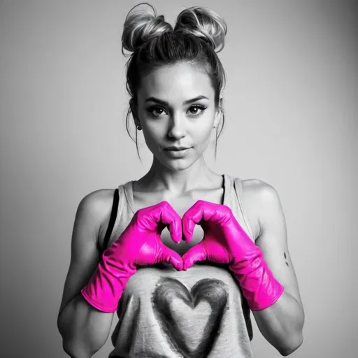 Prompt: a black and white of a gorgeous woman with a messy bun wearing long pink gloves on her arms holding her hands up making a heart and looking through them, wearing a tank top