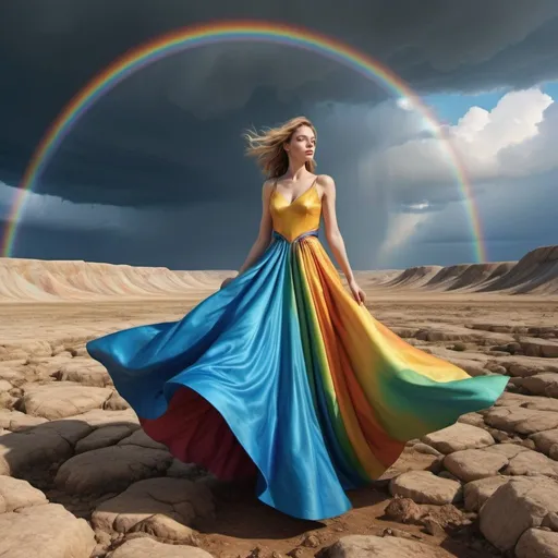 Prompt: create a hyper realistic image of a surreal landscape where a cracked, barren ground stretches beneath a colourful cloudy sky. Suspended in mid-air, a golden palace defies gravity. It is connected to the ground by an impossibly long, flowing glossy blue dress worn by a woman standing below. The dress billows around her, creating a striking visual contrast against the desolate surroundings. against a rainbow  ,ultra HD 64k hyperrealism studio lightning