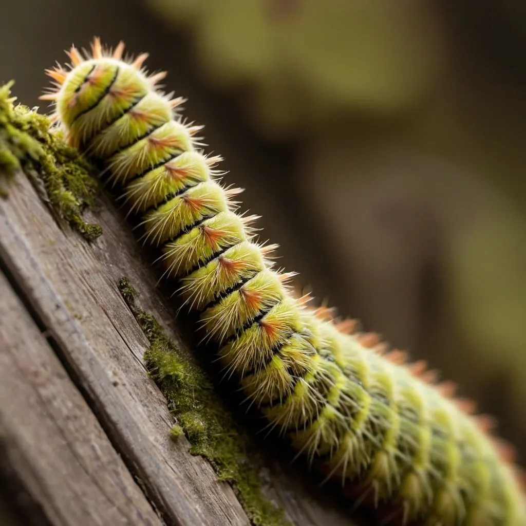 Prompt: prompt;
High resolution close-up photo, Puss caterpillar caterpillar on dry, mossy wood, taken with Canon EF 100mm f/2.8L Macro IS USM Lens, illuminated by daylight - national geography style
