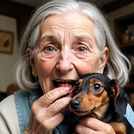 Prompt: 
create a close-up of a whimsical funny old woman with a huge knobby nose and unkempt long grey braided. Funny eye expressions and the corners of her mouth are turned up sharply. In her right hand she's holding a misvishious tiny cute fluffy fawn-colored Dachshund puppy with tongue hanging out of his mouth. extremely detailed, beautiful, 8k, sharp focus, masterpiece