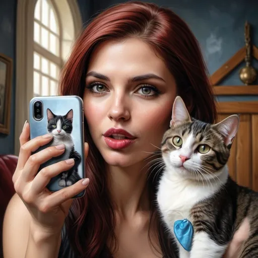 Prompt: a woman taking a selfie of a dog and cat with a cell phone in her hand and a cat on the other side of the picture, making a kiss with her lips ,Anne Stokes, fantastic realism, highly detailed digital painting, a photorealistic painting