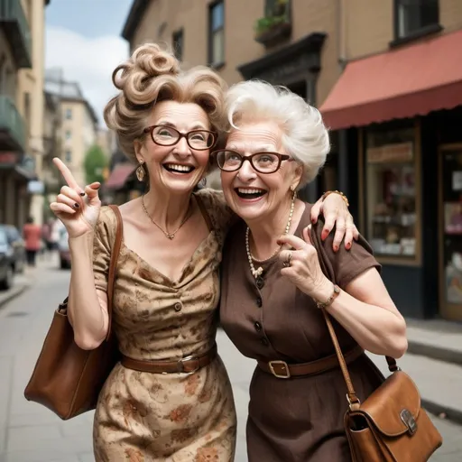 Prompt: Prompt 
whimsical an old and exuberant woman with exaggerated facial features, especially large diva glasses and a wide smile. Her hair should be styled chic upwards and dyed in shades of brown and blond. She wears a quirky dress and a handbag and walks with her bizarre friend with square glasses dressed long rugged build with doggie in hand and purse, around the city in a playful dabbing poses