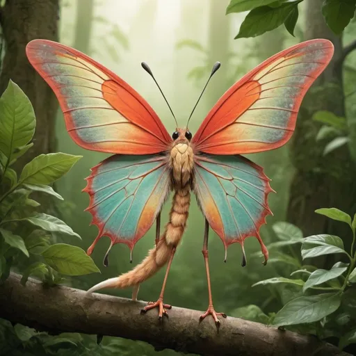 Prompt: Flora-Fauna Hybrids: Creatures that combine features of plants and animals, with leafy wings or floral tails, blending harmoniously with the environment.