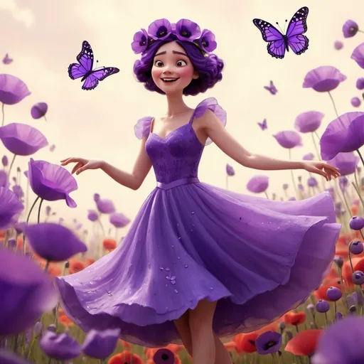 Prompt: an Pixar style of a lady in Purple dancing in a dress made of purple poppies with a purple poppy flower crown and purple butterflies