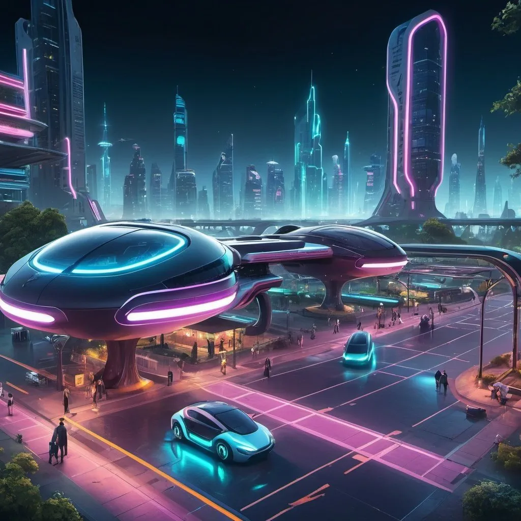 Prompt: Futuristic city with flying cars, a park, a night scene with neon lights, and a train station