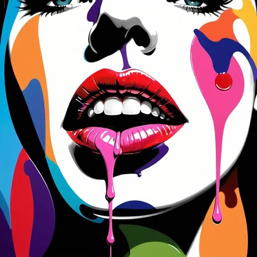 Prompt: Create an image of vibrant, colorful lips, stylized with musical elements. The lips are slightly parted in the center, revealing a hint of teeth. The style is a blend of realism and surrealism, with the lips highly detailed and shaded to convey volume and texture. Both the upper and lower lips have a high gloss, suggesting moisture. The colors of the lips transition smoothly from purple to pink to orange, emulating the look of a colorful gradient. Musical notes and symbols such as treble clefs and eighth notes are intricately intertwined with the lips' lines, some in solid black and others filled with the gradient colors.

The background is stark white but erupts into a myriad of bold, electric colors around the lips, featuring splashes and drips of paint that give the piece a dynamic, street-art feel. These vibrant splatters are in red, blue, green, yellow, and pink, with black accents that enhance their intensity. The lower part of the image has more significant paint drips, elongating towards the bottom.

The artwork emanates energy and rhythm, seemingly translating the music into visual form. The composition is centrally focused on the lips, with the background abstract elements radiating outward, creating a sense of movement. An artist could recreate this by starting with a detailed drawing of realistic lips, then infusing them with the outlined musical symbols, and finally adding the vividly colored paint splatters and drips to complete the composition.