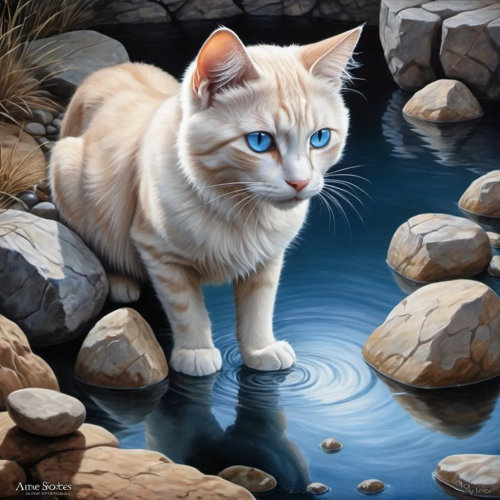 Prompt: a cat with blue eyes is looking at the water in the water hole with rocks and rocks around it, Anne Stokes, fantasy art, water, a photorealistic painting