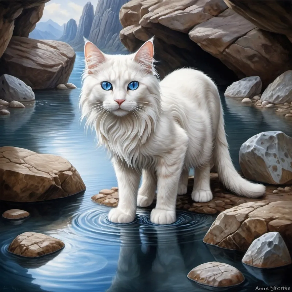 Prompt: a cat with blue eyes is looking at the water in the water hole with rocks and rocks around it, Anne Stokes, fantasy art, water, a photorealistic painting