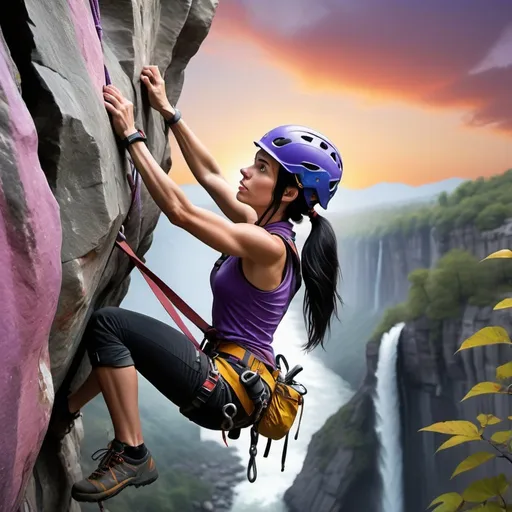 Prompt: A hyperrealistic 8K image of a beautiful woman whit long straight black hair and grey eyes, rock climbing, with well-defined and tense muscles, showing tension in her facial expression with gritted teeth as she climbs, equipped with safety gear, and making their way up a steep cliff. The climber should be wearing a purple helmet and harness, dressed in yellow and purple clothing, and holding onto a grey rocky surface. Include a red safety rope attached to the climber’s harness against a vibrant and dramatic sunset background to highlight the climber. Add tiny details like sweat on the climber's forehead, and show the strain in their neck and jaw muscles. Include silhouettes of distant mountains or trees with some birds flying near them, a small waterfall in the distance, and a few birds flying near the waterfall.