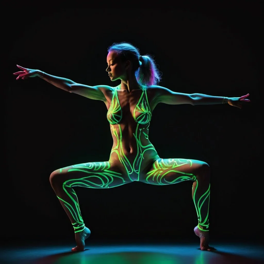 Prompt: a woman in a neon body suit doing a dance pose with her arms outstretched and legs crossed, with a black background, artist, psychedelic art, neon lighting, an airbrush painting