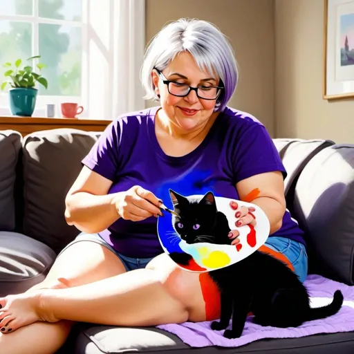 Prompt: 4k glossy oil painting of a joyful middle aged chubby light skin European woman with short straight spiked, silver hair, cut above one ear and have black-rimmed reading glasses. She paints her toenails very carefully. She's wearing a violet cozy T-shirt and cozy pants, in a sunlit living room. Next to her is a cup of coffee with steam rising from it.  A black kitten is sitting next to her. Full body view.