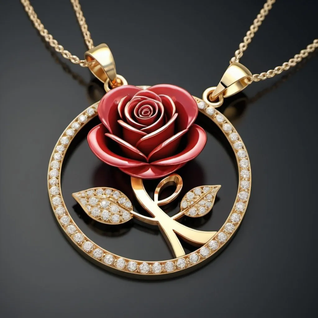 Prompt: Create a gold pendant from the initial "E" in the initial "E" are sprinkled with small diamonds, interlaced with it is a golden rose with a red diamond instead of a flower, the initial is clearly visible, 3D, 48K