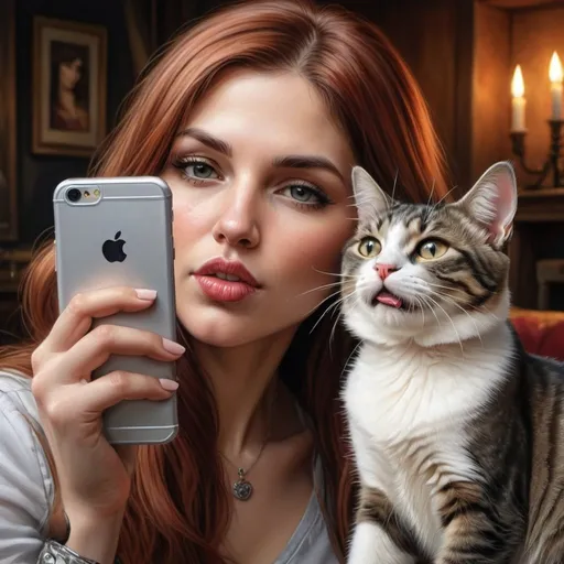 Prompt: a woman taking a selfie of a dog and cat with a cell phone in her hand and a cat on the other side of the picture, making a kiss with her lips ,Anne Stokes, fantastic realism, highly detailed digital painting, a photorealistic painting