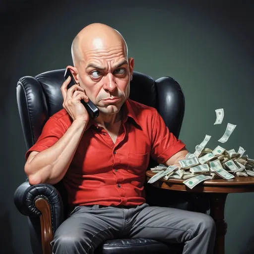 Prompt: whimsical caricature art of a bald man in a red shirt sitting in a black chair with his head turned to the side and his eyes wide open.In front of him is a table with a pile of money on it.  He holds the phone to his ear with one hand, and grabs the money with the other.  He has a greedy expression on his face. Dmitry Levitzky, precisionism, zabrocki, a character portrait