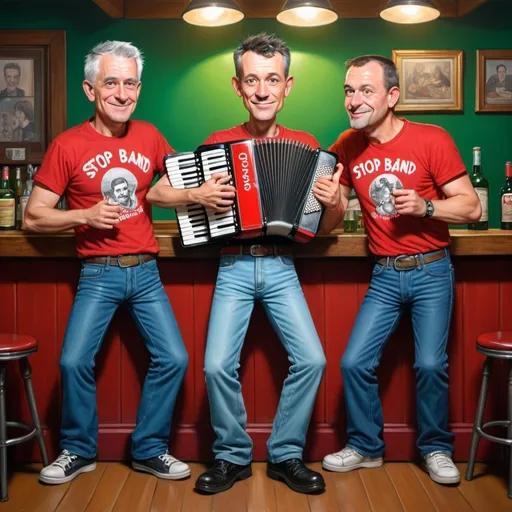 Prompt: Whimsical caricature art, one man with brown short hair in red T-shirt with the inscription "STOP BAND" are holding and playing an accordion, two men with very short straight, spiked silver hair in red T-shirt with the inscription "STOP BAND" standing behind him,one of two  man squats on the top of the bar.All three are wearing jeans and posing for a picture together in a room with a bar and a green light behind them,zabrocki,HDR,300DPI, a character portrait, style of the Richard avedon,8k resolution