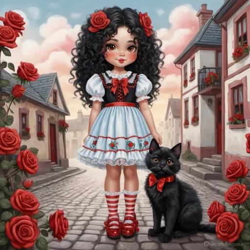 Prompt: Prompt:
Digital painting, airbrushed, whimsical, fantasy depiction of cute girl with long black curly hair, orange cheeks, delicate features, red rose in hair, wearing ruffled lacy black dress with embroidered red roses and white bow, shoes with red laces, red and white striped stockings, posing in cobbled street. A fluffy black cat sits at her feet. Whimsical houses and red colored roses lining the street. Puffy clouds in the sky. Colors of red, light blue and white. Detailed image, Diffused light. Soft pastel colors.