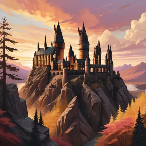 Prompt: digital artwork of Hogwarts matching the color palette of a sunset with golden hues, stone walls, spires, rocky cliffs, pine forest, and vibrant sky in a 9:16 ratio formatted to fit a phone's background.
