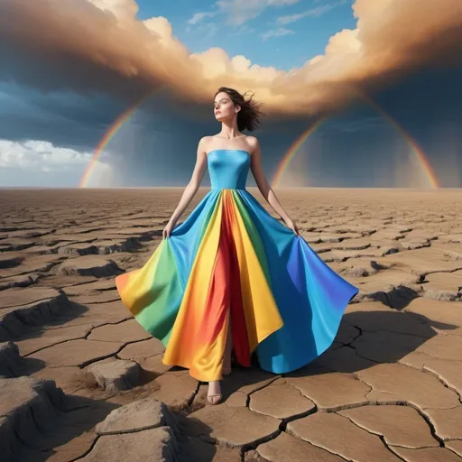 Prompt: create a hyper realistic image of a surreal landscape where a cracked, barren ground stretches beneath a colourful cloudy sky. Suspended in mid-air, a golden palace defies gravity. It is connected to the ground by an impossibly long, flowing glossy blue dress worn by a woman standing below. The dress billows around her, creating a striking visual contrast against the desolate surroundings. against a rainbow  ,ultra HD 64k hyperrealism studio lightning