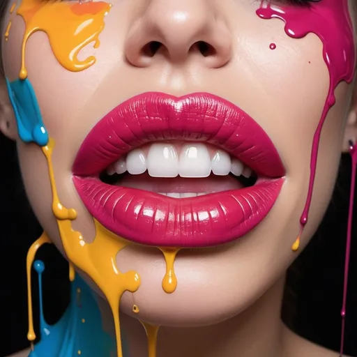 Prompt: Create an image of vibrant, colorful lips, stylized with musical elements. The lips are slightly parted in the center, revealing a hint of teeth. The style is a blend of realism and surrealism, with the lips highly detailed and shaded to convey volume and texture. Both the upper and lower lips have a high gloss, suggesting moisture. The colors of the lips transition smoothly from purple to pink to orange, emulating the look of a colorful gradient. Musical notes and symbols such as treble clefs and eighth notes are intricately intertwined with the lips' lines, some in solid black and others filled with the gradient colors.

The background is stark white but erupts into a myriad of bold, electric colors around the lips, featuring splashes and drips of paint that give the piece a dynamic, street-art feel. These vibrant splatters are in red, blue, green, yellow, and pink, with black accents that enhance their intensity. The lower part of the image has more significant paint drips, elongating towards the bottom.

The artwork emanates energy and rhythm, seemingly translating the music into visual form. The composition is centrally focused on the lips, with the background abstract elements radiating outward, creating a sense of movement. An artist could recreate this by starting with a detailed drawing of realistic lips, then infusing them with the outlined musical symbols, and finally adding the vividly colored paint splatters and drips to complete the composition.