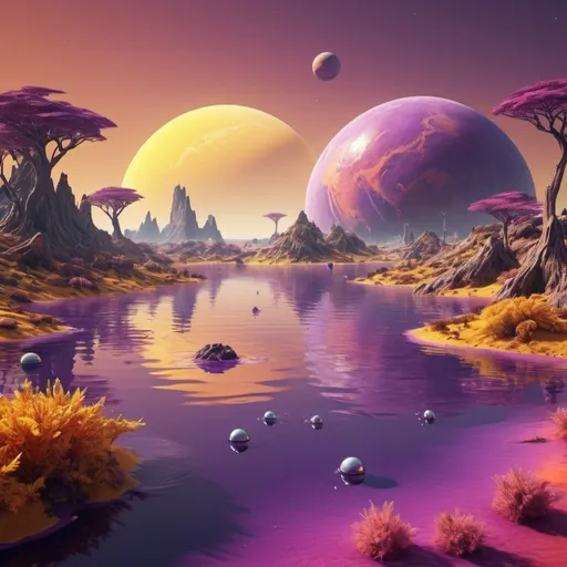 Prompt: A new planet similar to Earth, with botany in purple and pink shades, water in orange and yellow tones, with animals, 3D, 48K resolution