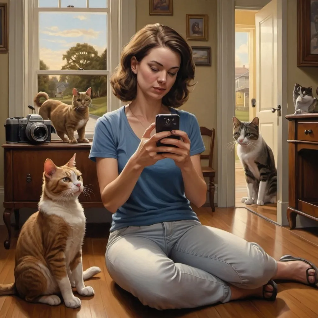 Prompt: a woman taking a picture of herself with her phone with a dog and cat on the other side of her, F. Scott Hess, fantastic realism, highly detailed digital painting, an oil painting