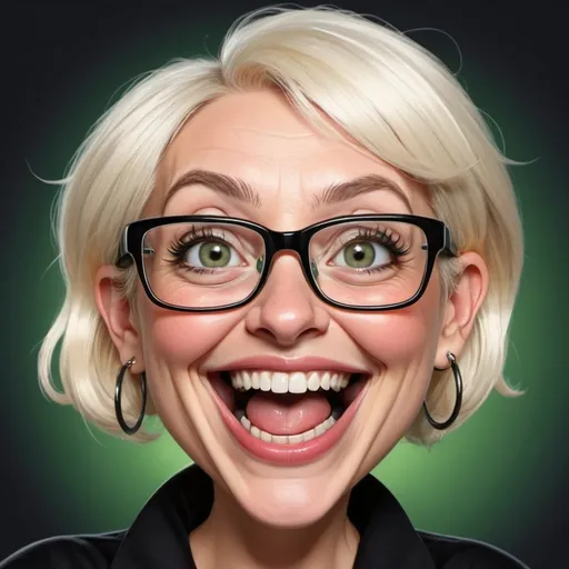 Prompt: Very funny caricature version with exaggerated features of a woman with short white/blonde hair, big brown /green eyes,  a comically large mouth, oversized glasses and a goofy smile..wearing a black top with shiny design, big hoop earrings, and a magical or festive feel with humorous elements and laugh lines around the mouth,