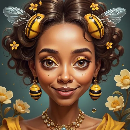 Prompt: Prompt: a piece of artwork that contains a cute caricature bee, a caricature lady, in their hair shiny jewelery, on their face some shiny little rustcolor gems, flowery detailed background, in the style of Richard avedon, powerful and emotive portraiture,  beautifull lighting, 8k resolution ,the bee and lady interact in some way,the bee whispering something in her ear, the lady react with surprise or delight..