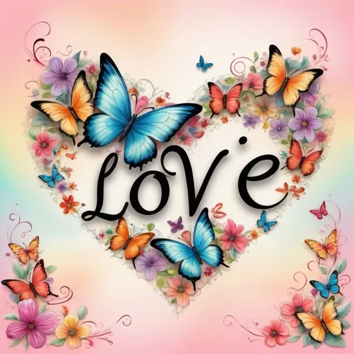 Prompt: Prompt:

Whimsical, airbrush oil ink. Against a pastel colors background, there are a few very colorful butterflies. In the center, there is a heart image surrounded by colorful floral designs. The text “LOVE” in a beautiful script font is displayed upon the heart image,
3D,HD.