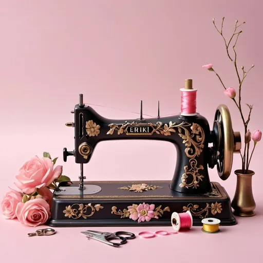 Prompt: Prompt:
Create a 3d image contains a vintage sewing machine with black and gold accents. The machine is decorated with flowers and vines, and a spool of thread is on the needle. The machine is sitting on a table with two pairs of scissors and a tape measure on the table. The background is a pink gradient, and the image has a soft, romantic feel to it and the name ERIKA over the sewing machine.