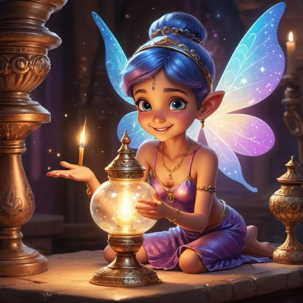 Prompt: create: 🧞‍♂️ A friendly genie emerges from an ancient lamp, granting wishes with a mischievous twinkle in his eye. 🧞‍♀️ A curious fairy flits nearby, her wings shimmering with iridescent colors. She’s the keeper of secrets and magical knowledge.