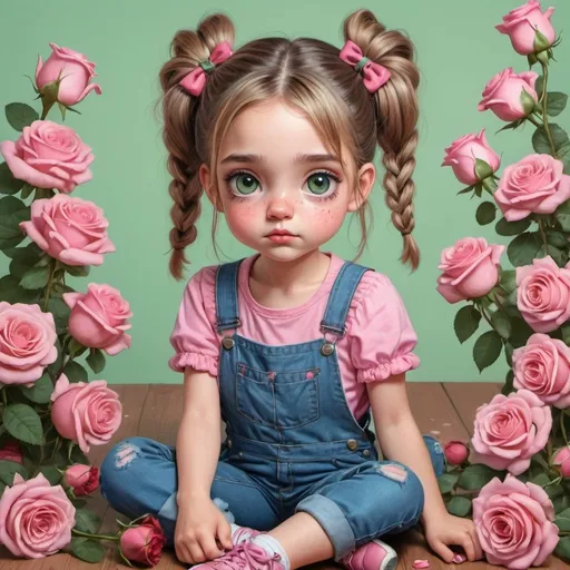 Prompt: Illustrate a young girl with pigtails tied with floral bows, sitting down surrounded by roses. The girl is wearing a pink top and denim dungarees, and her shoes are artistically messy. She has big green eyes with long lashes, thin eyebrows, rosy cheek.