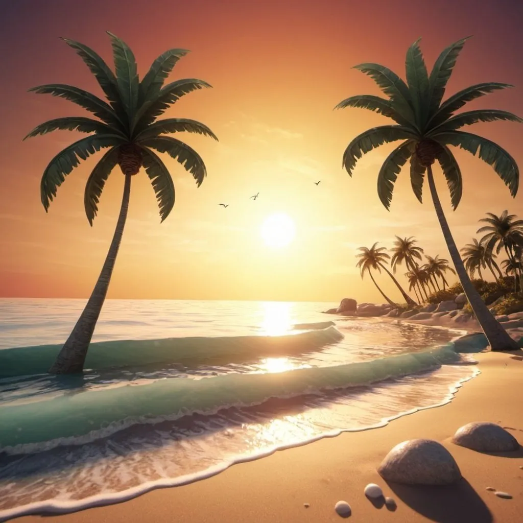 Prompt: Create a 3D digital art of a beach with palm trees and the sun setting in the background