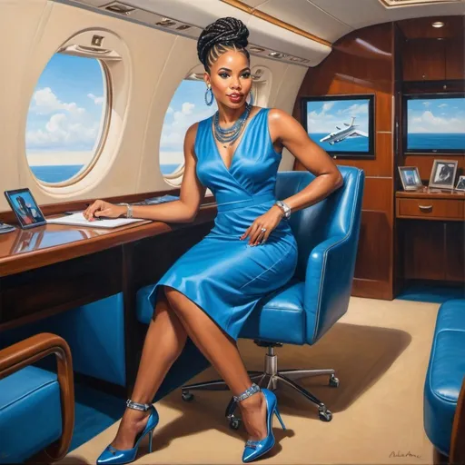 Prompt: An oil painting of an African American woman exuding confidence and style. capture her in a chic fashion, wearing a vibrant blue knee-length dress with matching heels. She sports a Cornrow Bun . diamond hoop earrings, diamond necklace. Capture her from the head answering to a call from her phone as she comfortably sits in her private jet.