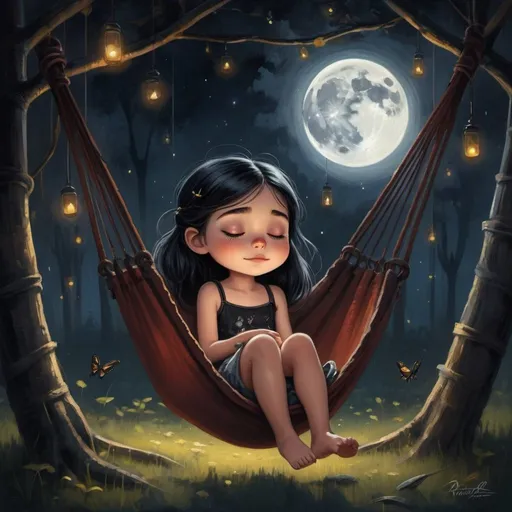 Prompt: a painting of a little girl sitting in a hammock with her eyes closed and her hair tied back, gothic art, grunge, a fine art painting, Pixar style ,her expression to be serene and dreamy,moonlit night scene,glowing fireflies around the hammock