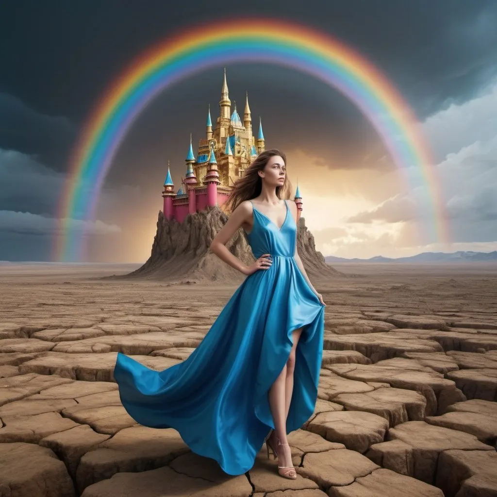 Prompt: create a hyper realistic image of a surreal landscape where a cracked, barren ground stretches beneath a colourful cloudy sky. Suspended in mid-air, a golden palace defies gravity. It is connected to the ground by an impossibly long, flowing glossy blue dress worn by a woman standing below. The dress billows around her, creating a striking visual contrast against the desolate surroundings. against a rainbow  ,ultra HD 64k hyperrealism studio lightning